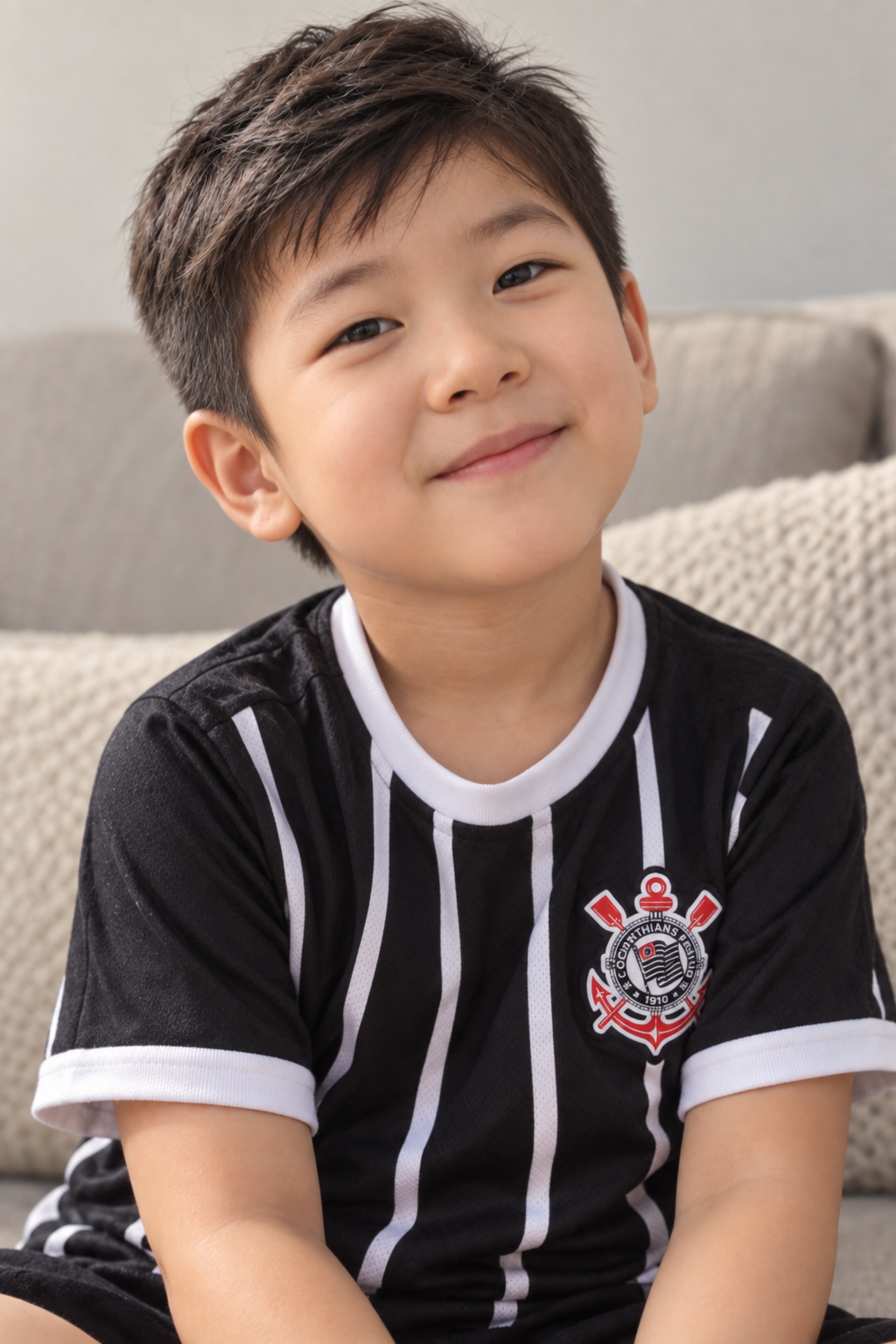 Menino sorrindo com camisa do Corinthians